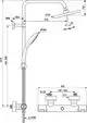 Duschsystem von Ideal Standard mit einer feststehenden Kopfbrause und einer Handbrause. Die Abmessungen sowie Montagepunkte sind im technischen Zeichnung dargestellt.